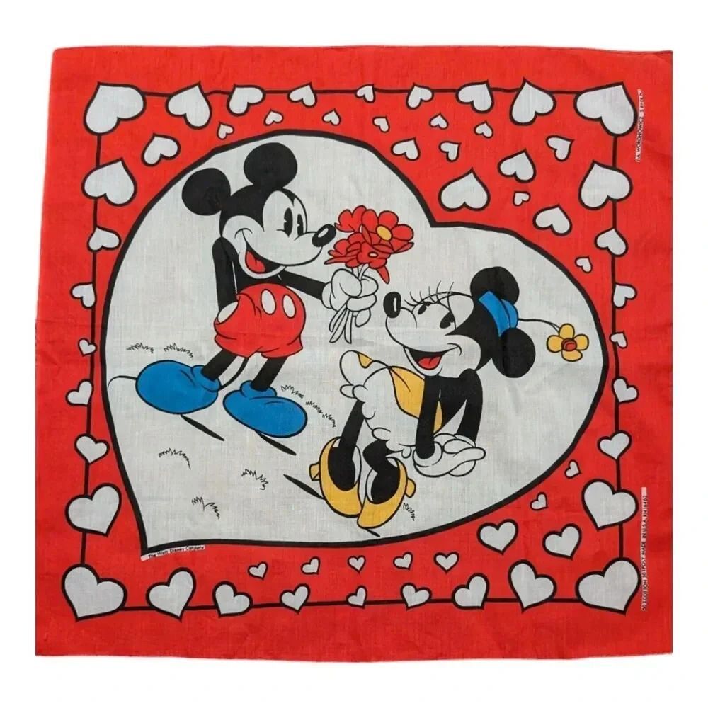 Vintage 80s Mickey Minnie LOVE Bandana Scarf The Walt Disney Company Cartoon